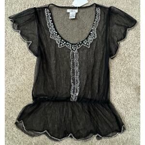 Pinky’s Sheer Embellished Beaded Black Blouse Women's Sz Small NEW NWTs